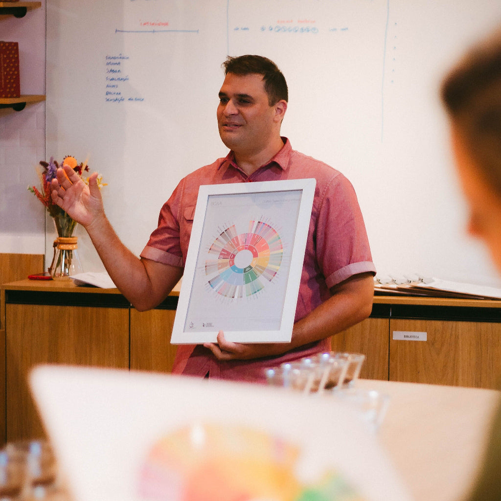 Homem segurando quadro com roda de sabores